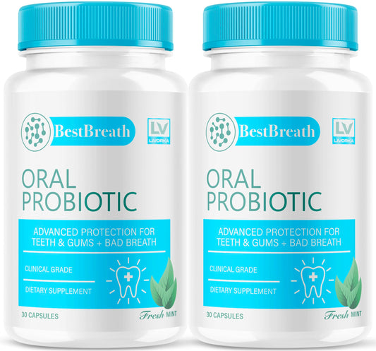 Best Breath Oral Probiotic bottle and capsules on white background