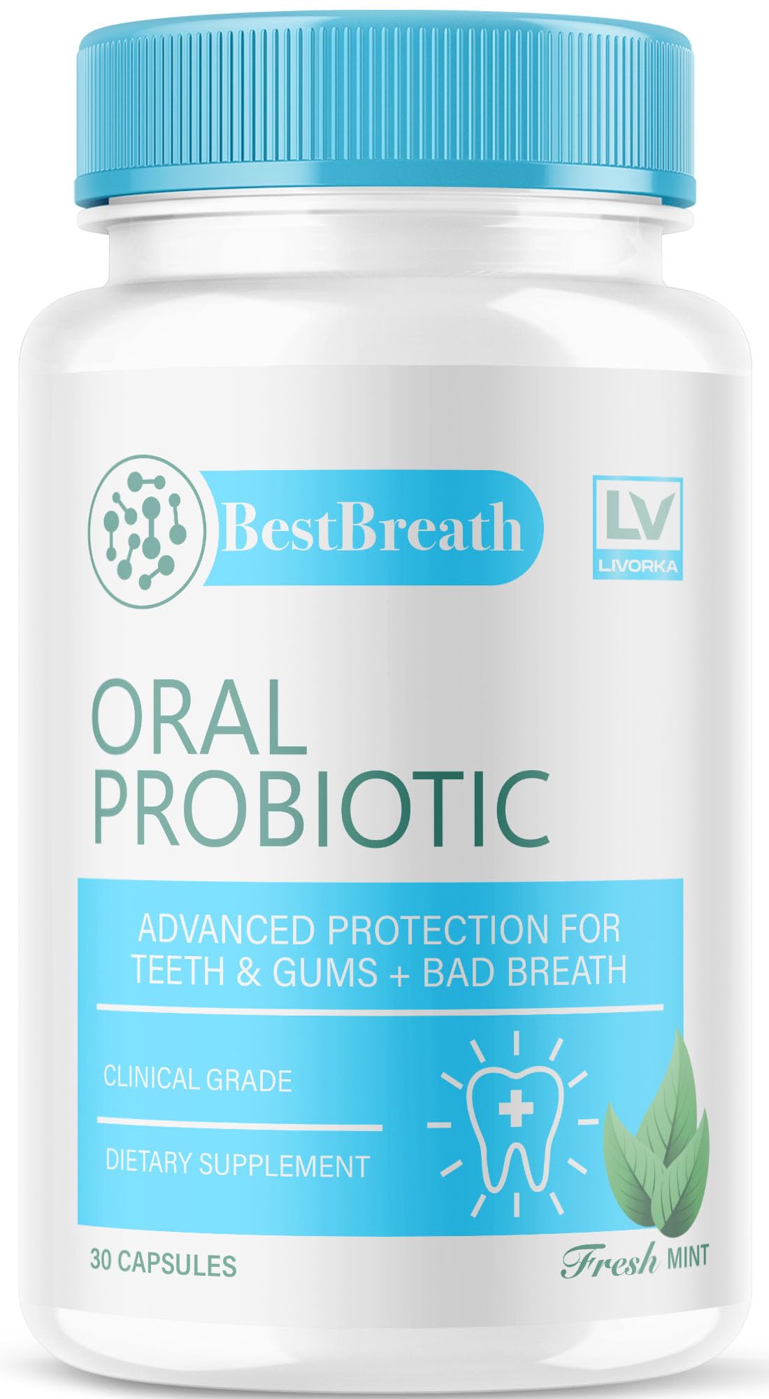 Best Breath Oral Probiotic bottle front view with 30 capsules