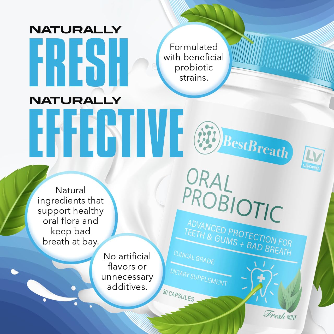 Best Breath Probiotic bottle label showing Made in USA