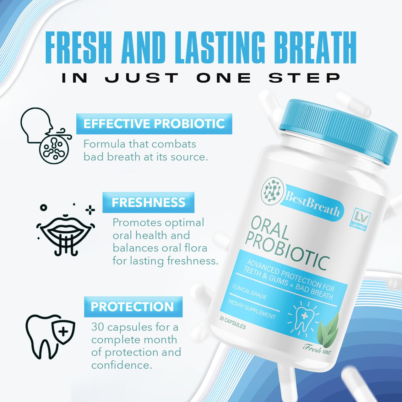 Close-up of Best Breath Oral Probiotic bottle