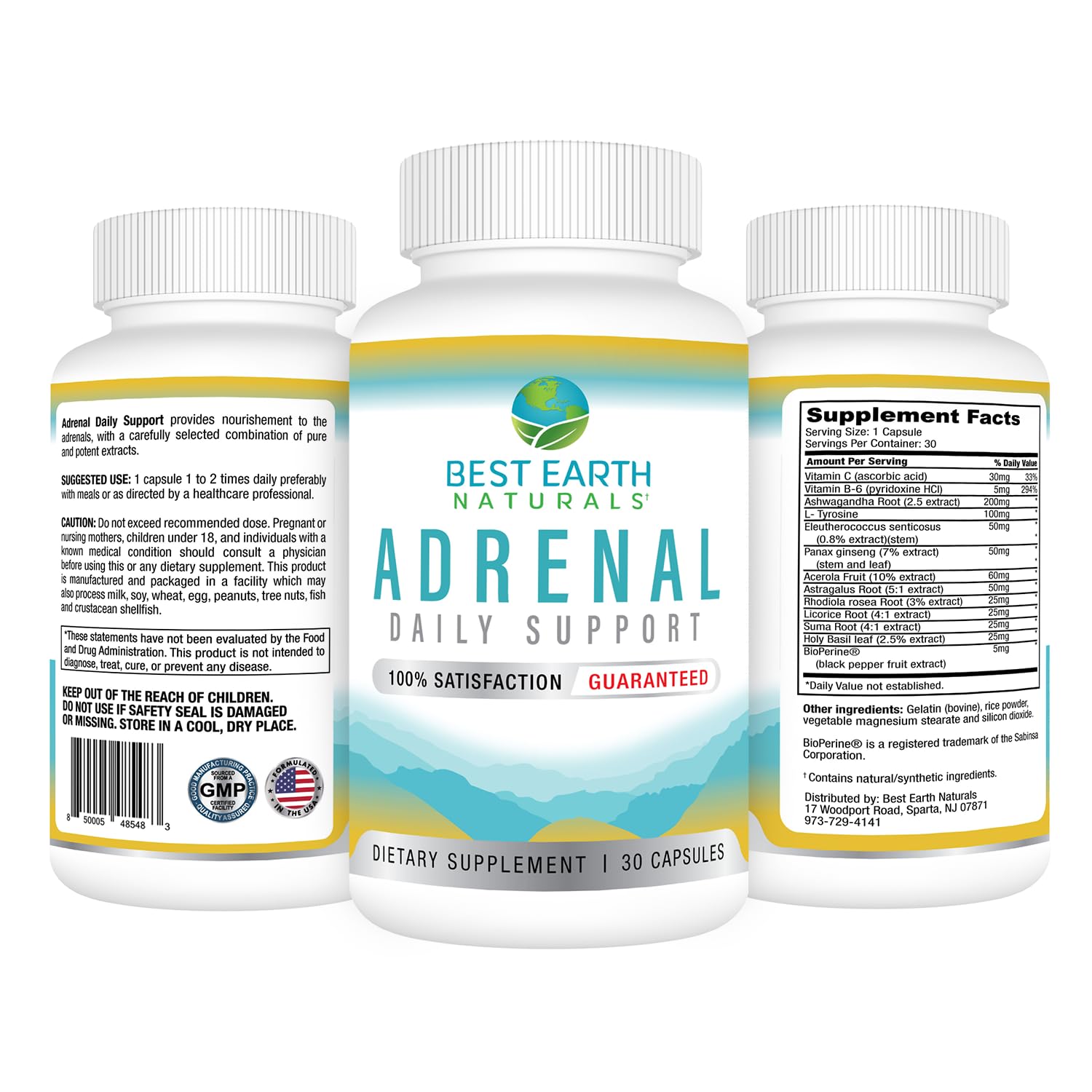 Label highlights Holy Basil and B vitamins on Adrenal Support bottle