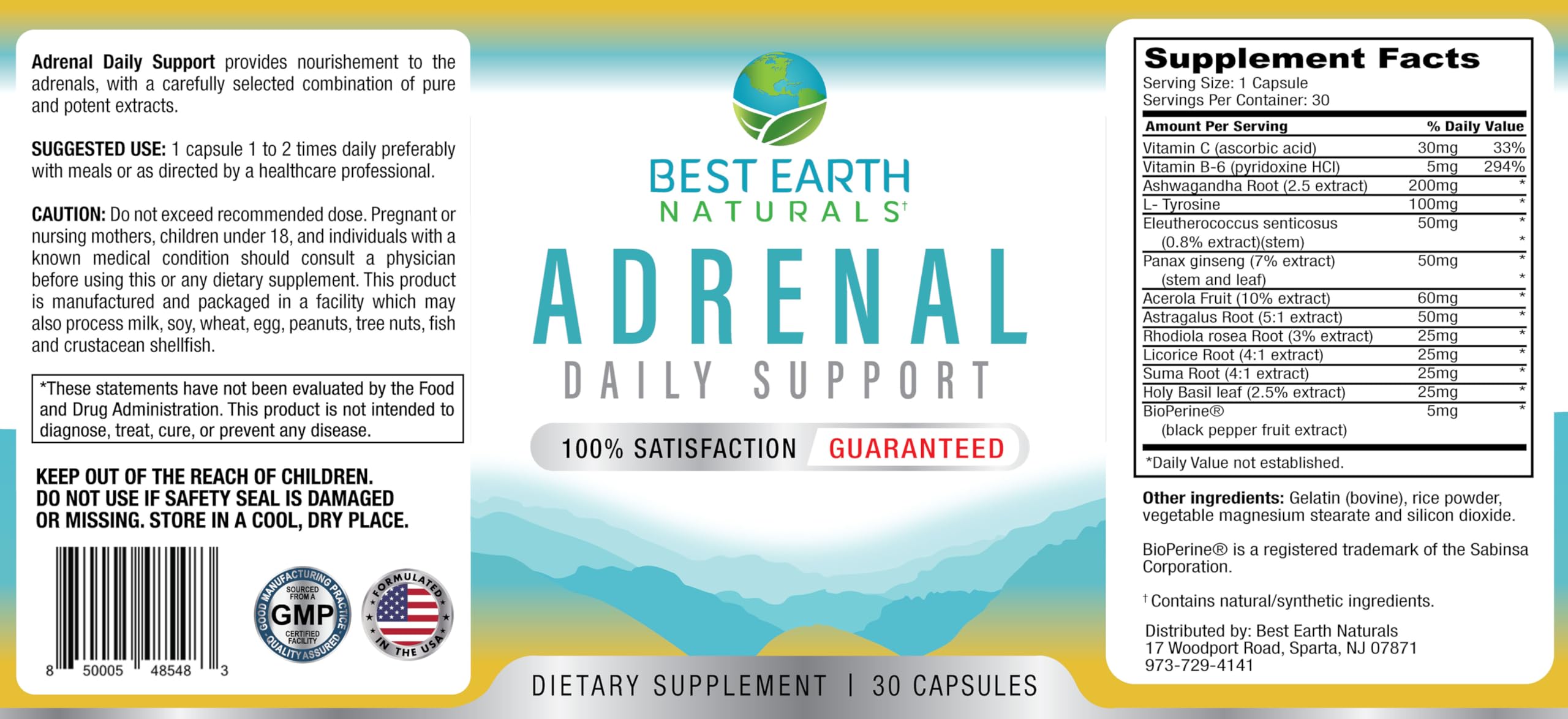 Close-up of Vitamin C and Vitamin B-6 on Adrenal Support label