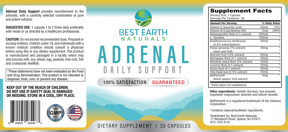 Close-up of Vitamin C and Vitamin B-6 on Adrenal Support label