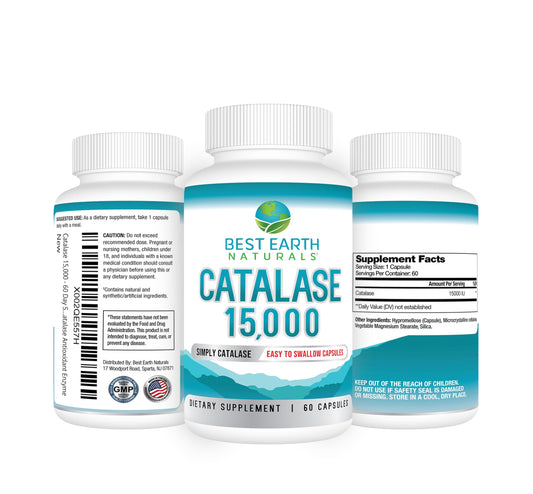 Front view of Best Earth Naturals Catalase 15,000-unit bottle with capsules