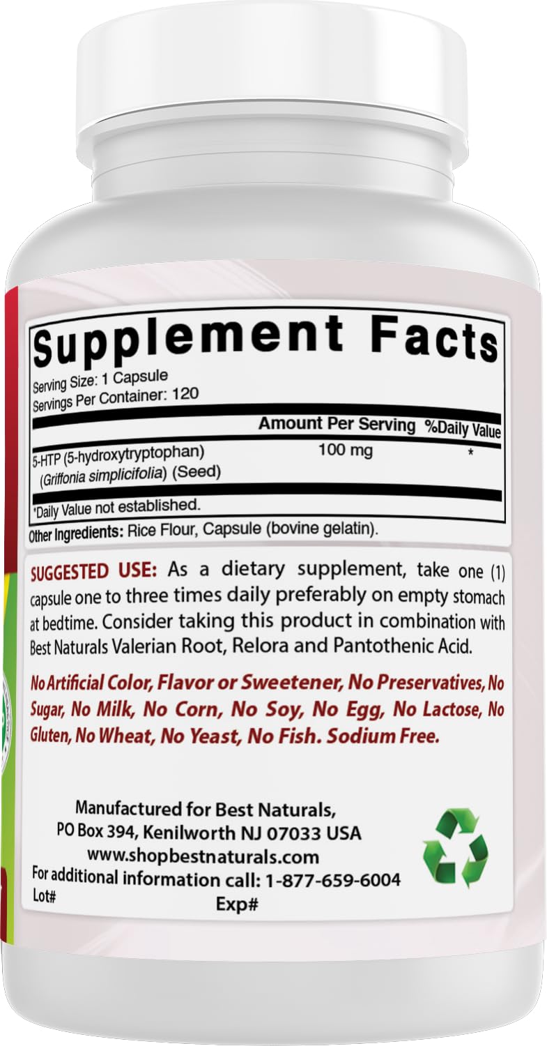 Close-up of Best Naturals 2-Pack 5-HTP bottle label