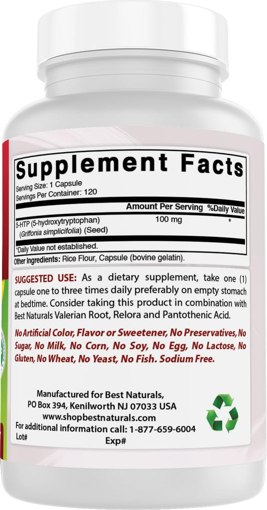 Close-up of Best Naturals 2-Pack 5-HTP bottle label