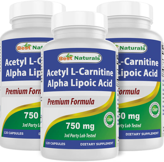 Front view of Best Naturals Acetyl L-Carnitine + Alpha Lipoic Acid 750 mg bottle