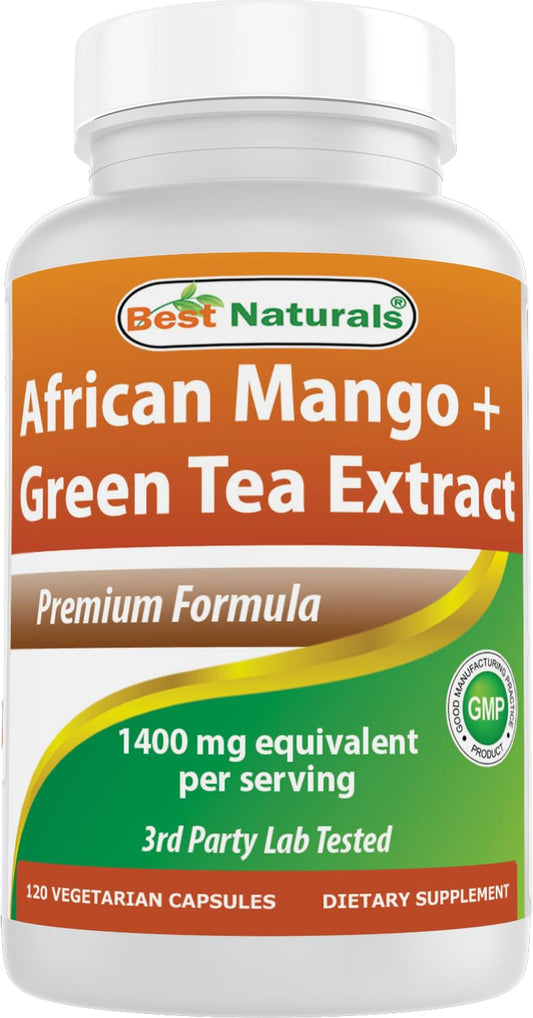 Front bottle of Best Naturals African Mango with Green Tea 1400 mg per Serving - 120 Vegetarian Capsules
