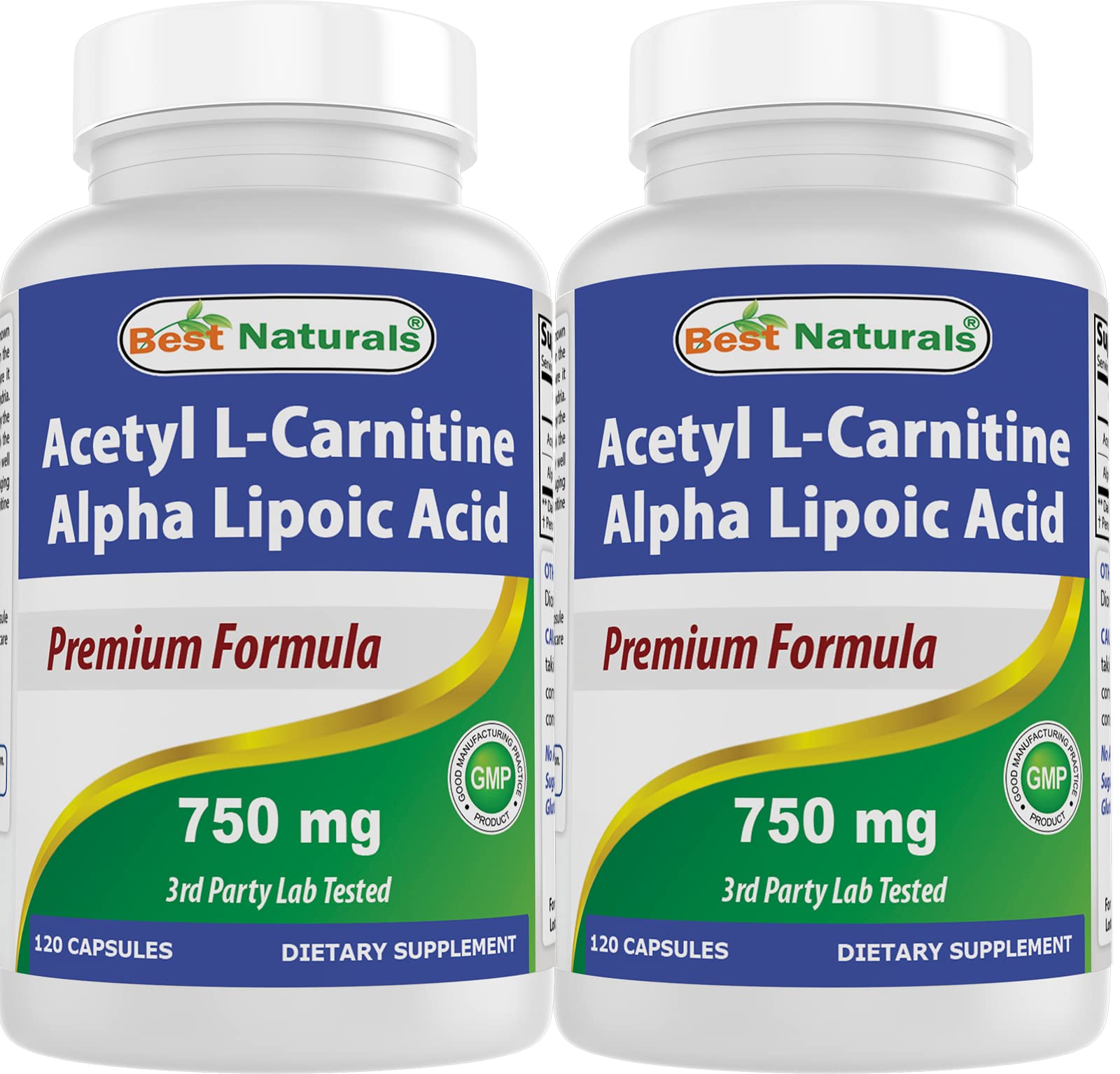 Front view of Best Naturals Acetyl L-Carnitine and Alpha Lipoic Acid 750 mg bottle
