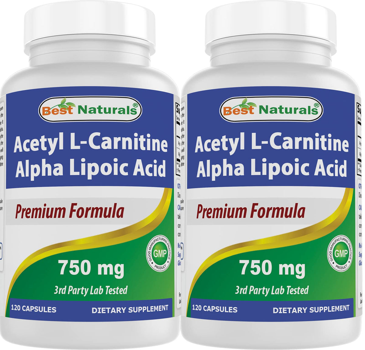 Front view of Best Naturals Acetyl L-Carnitine and Alpha Lipoic Acid 750 mg bottle