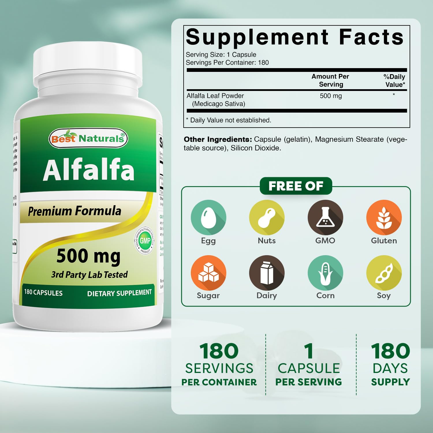 Bottle side view of Best Naturals Alfalfa Green Super Food