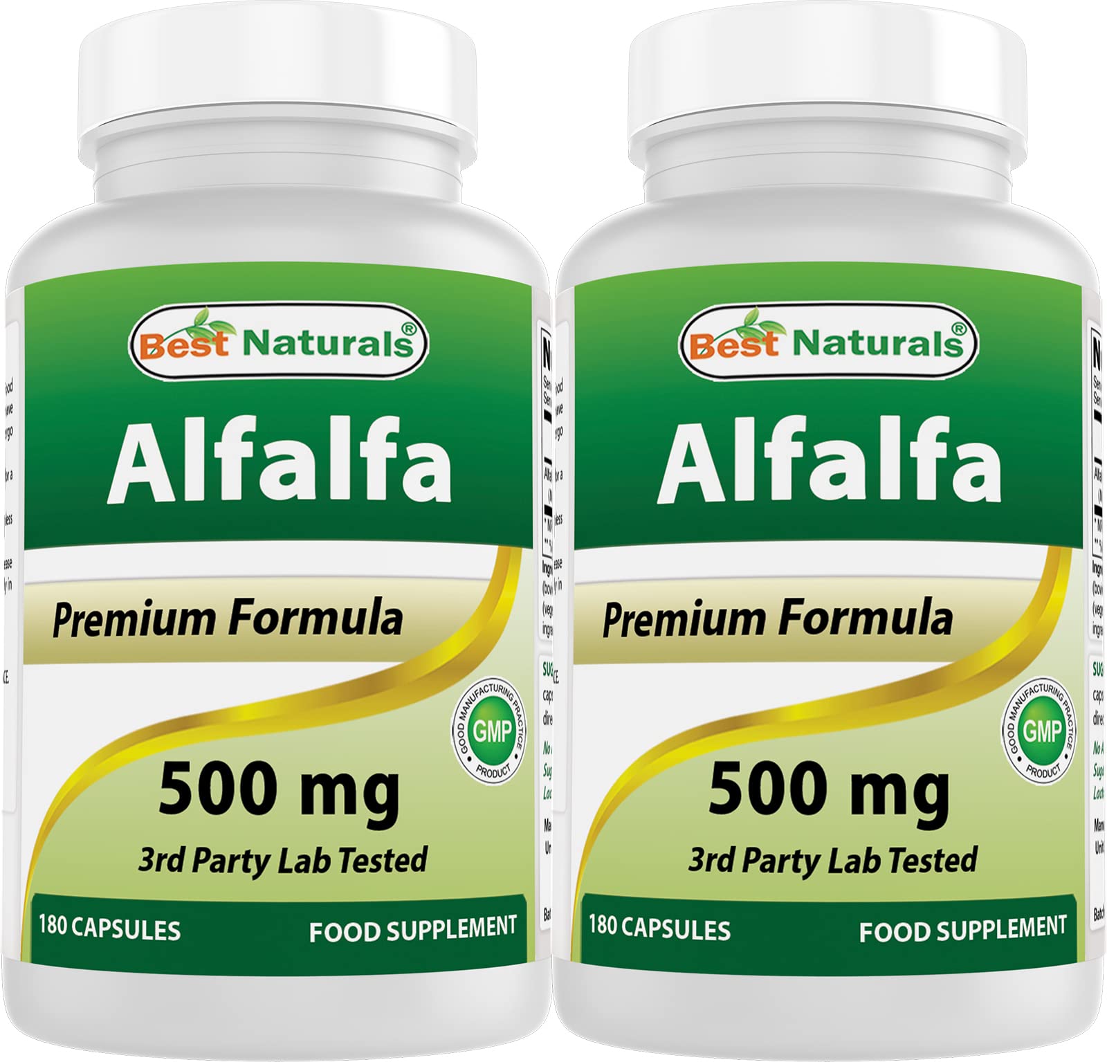 Main image: Best Naturals Alfalfa Green Super Food bottle – 500 mg per capsule, 180 capsules, Pack of 2