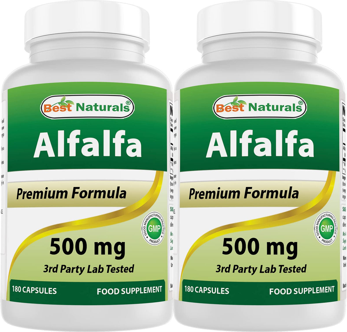 Main image: Best Naturals Alfalfa Green Super Food bottle – 500 mg per capsule, 180 capsules, Pack of 2