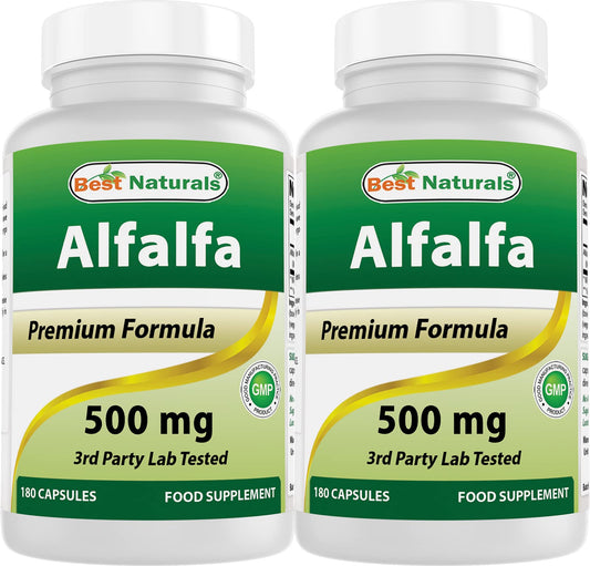 Main image: Best Naturals Alfalfa Green Super Food bottle – 500 mg per capsule, 180 capsules, Pack of 2
