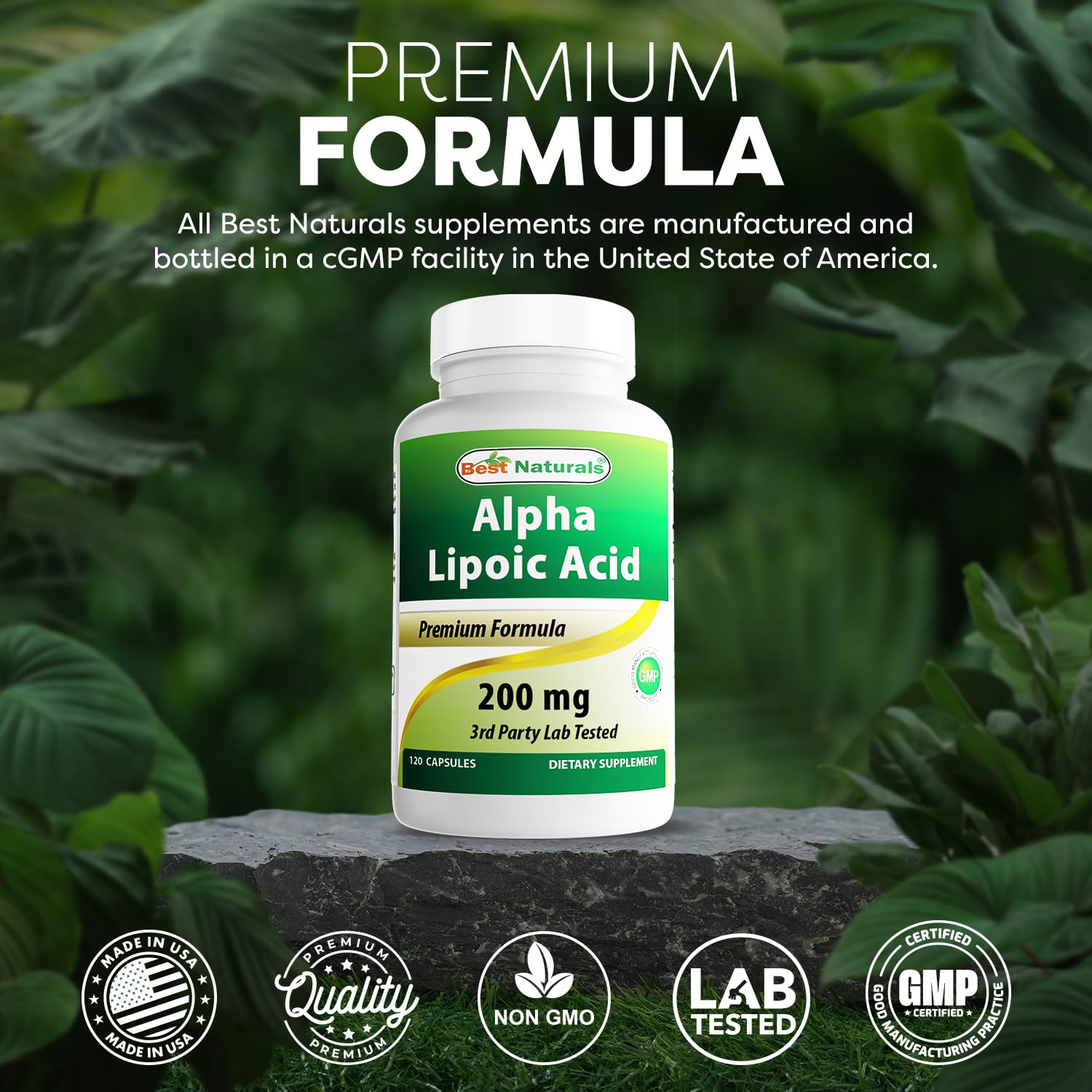 Packaging showing 200 mg per capsule and 120 capsules per bottle