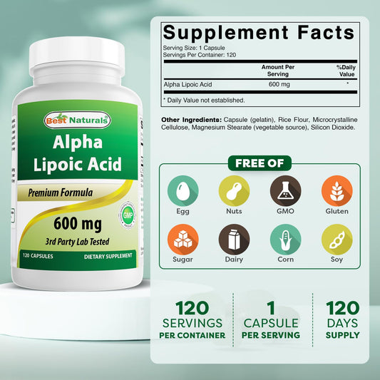 Close-up of Best Naturals Alpha Lipoic Acid bottle label showing 600 mg