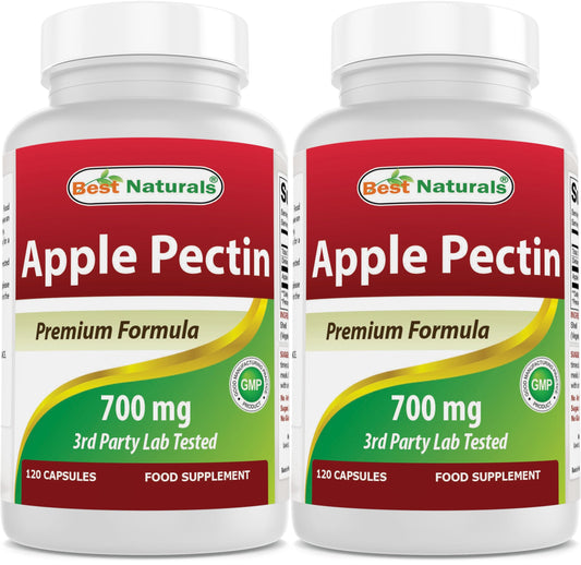 Best Naturals Apple Pectin 700 mg bottle label showing 120 capsules in a pack of 2