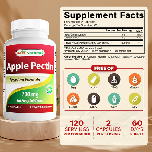 Product label showing 700 mg Apple Pectin and Non-GMO claim