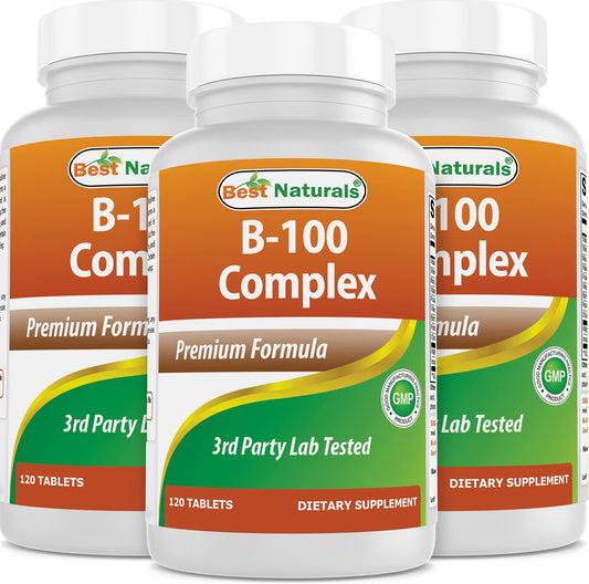 Front view of Best Naturals B-100 Complex 120 Tablets Pack of 3 bottles