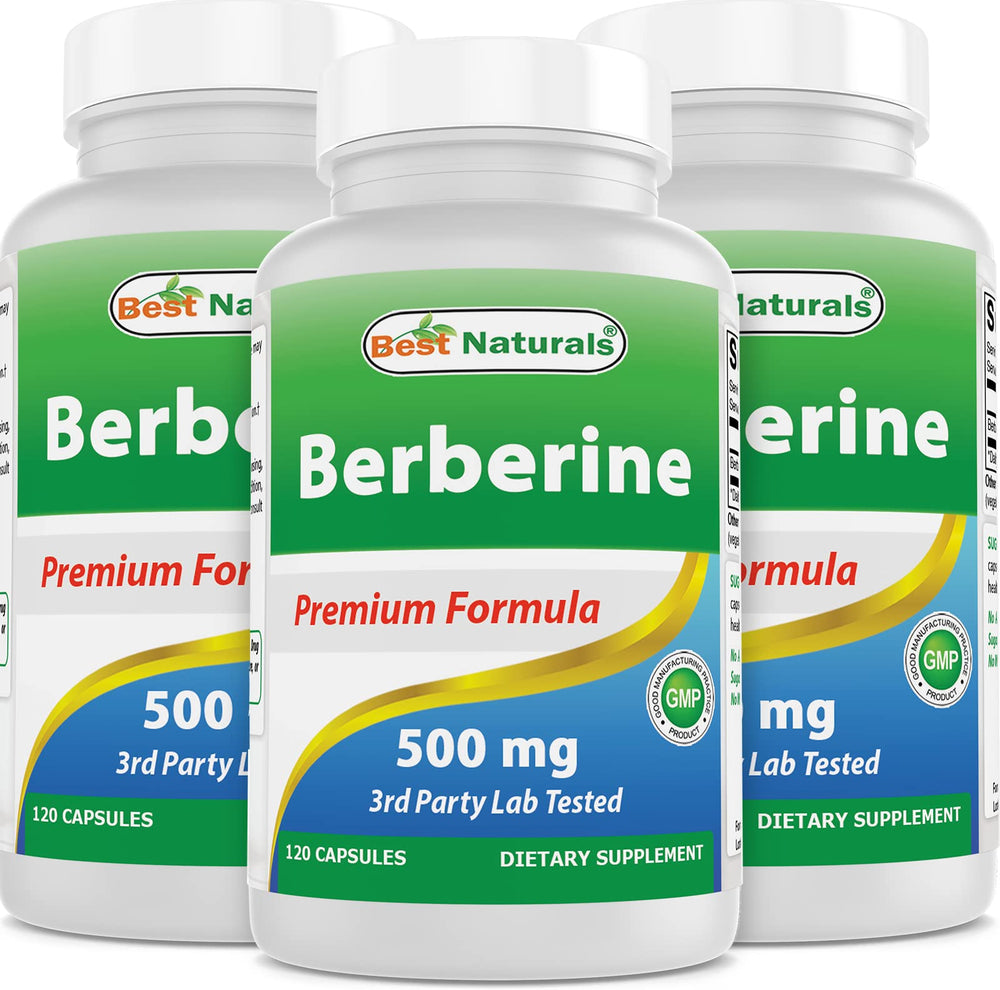 Front view of Best Naturals Berberine 500mg bottle with 120 capsules