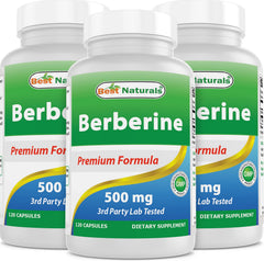 Front view of Best Naturals Berberine 500mg bottle with 120 capsules