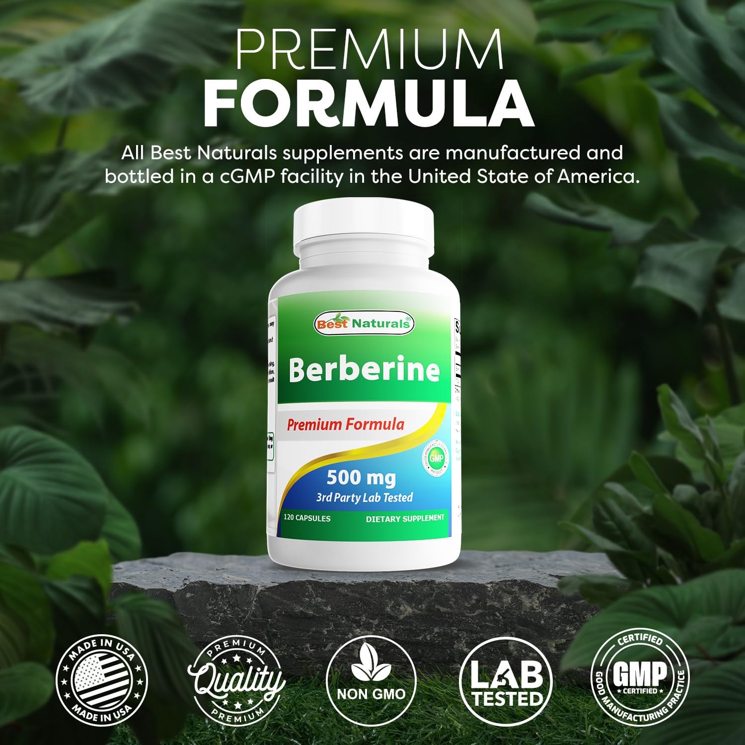 Best Naturals Berberine packaging box highlights Non-GMO and Gluten Free.