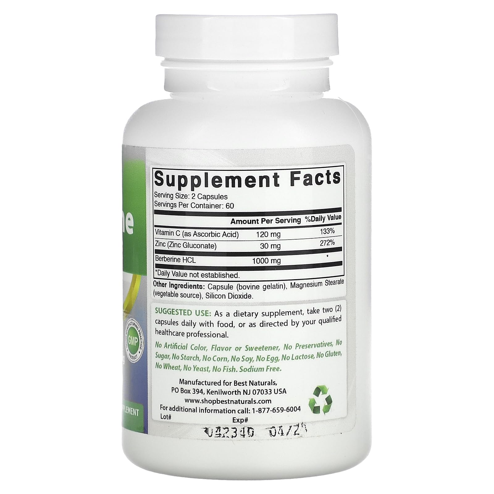 Packaging label for Best Naturals Berberine Plus 120 capsules