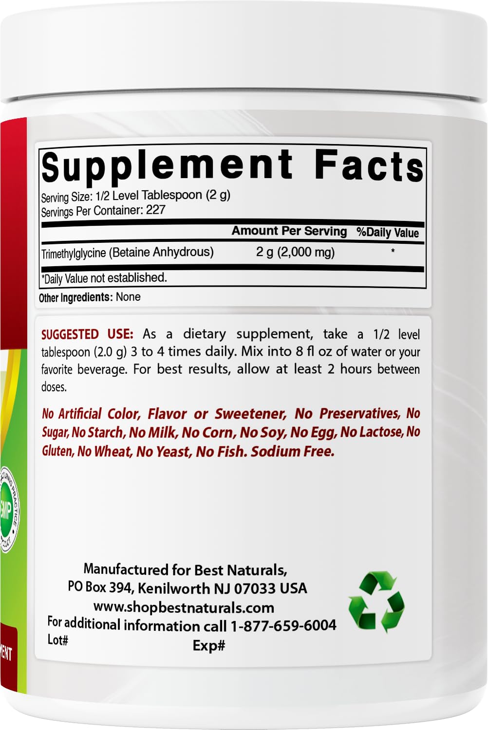 Made in USA GMP facility label for Best Naturals Betaine Anhydrous powder