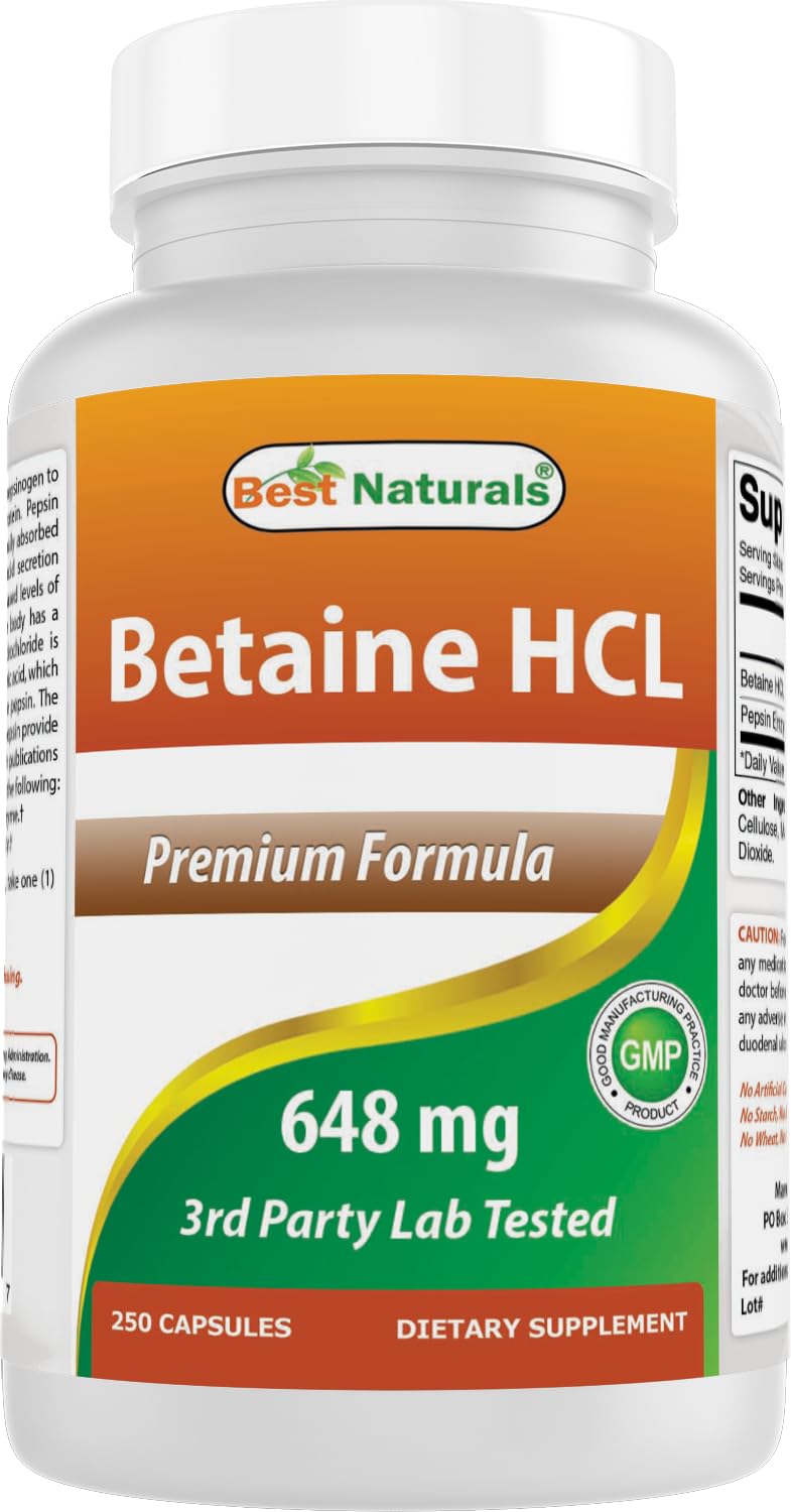Front view of Best Naturals Betaine HCL 648 mg 250 capsules bottle