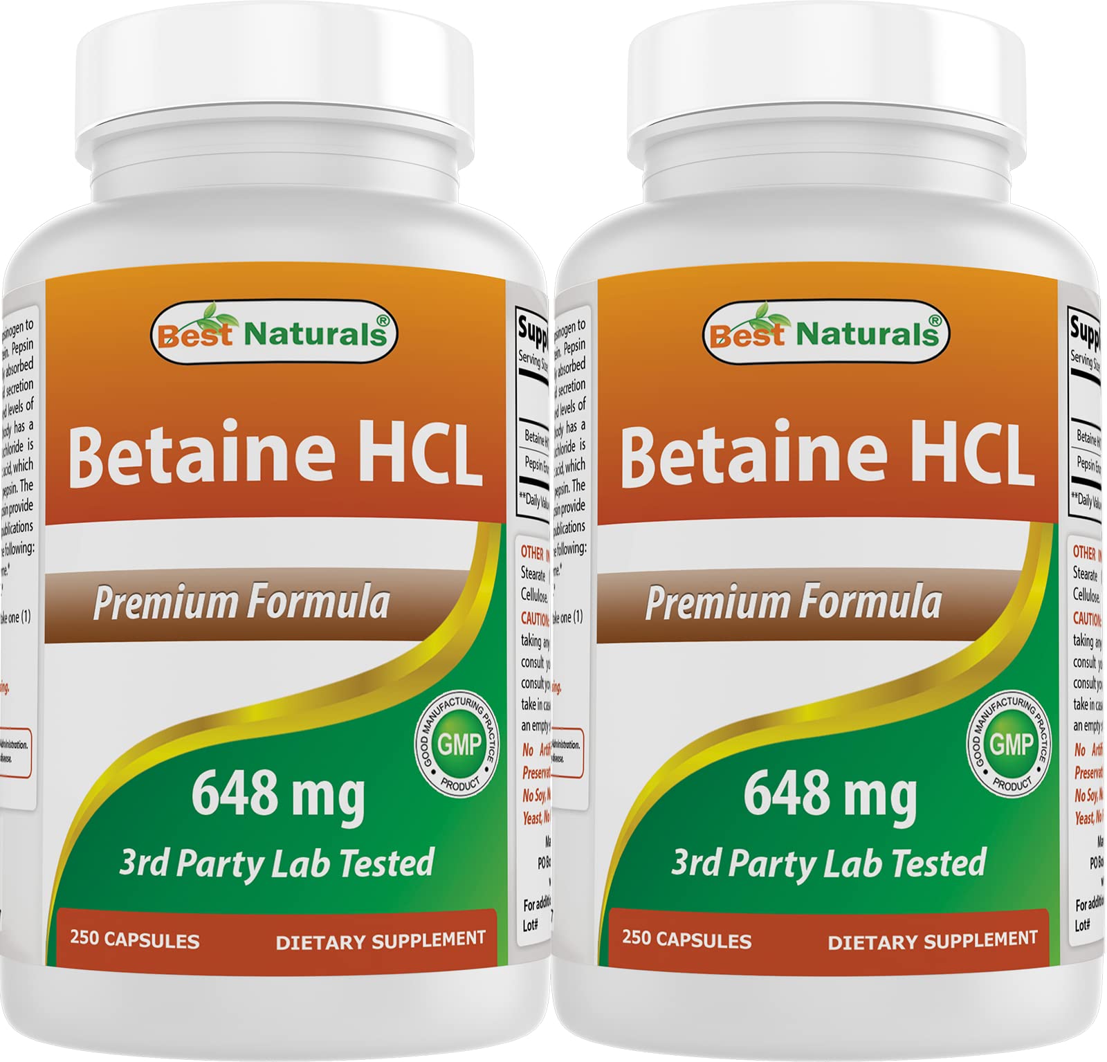 Front view of Best Naturals Betaine HCL 648 mg bottle
