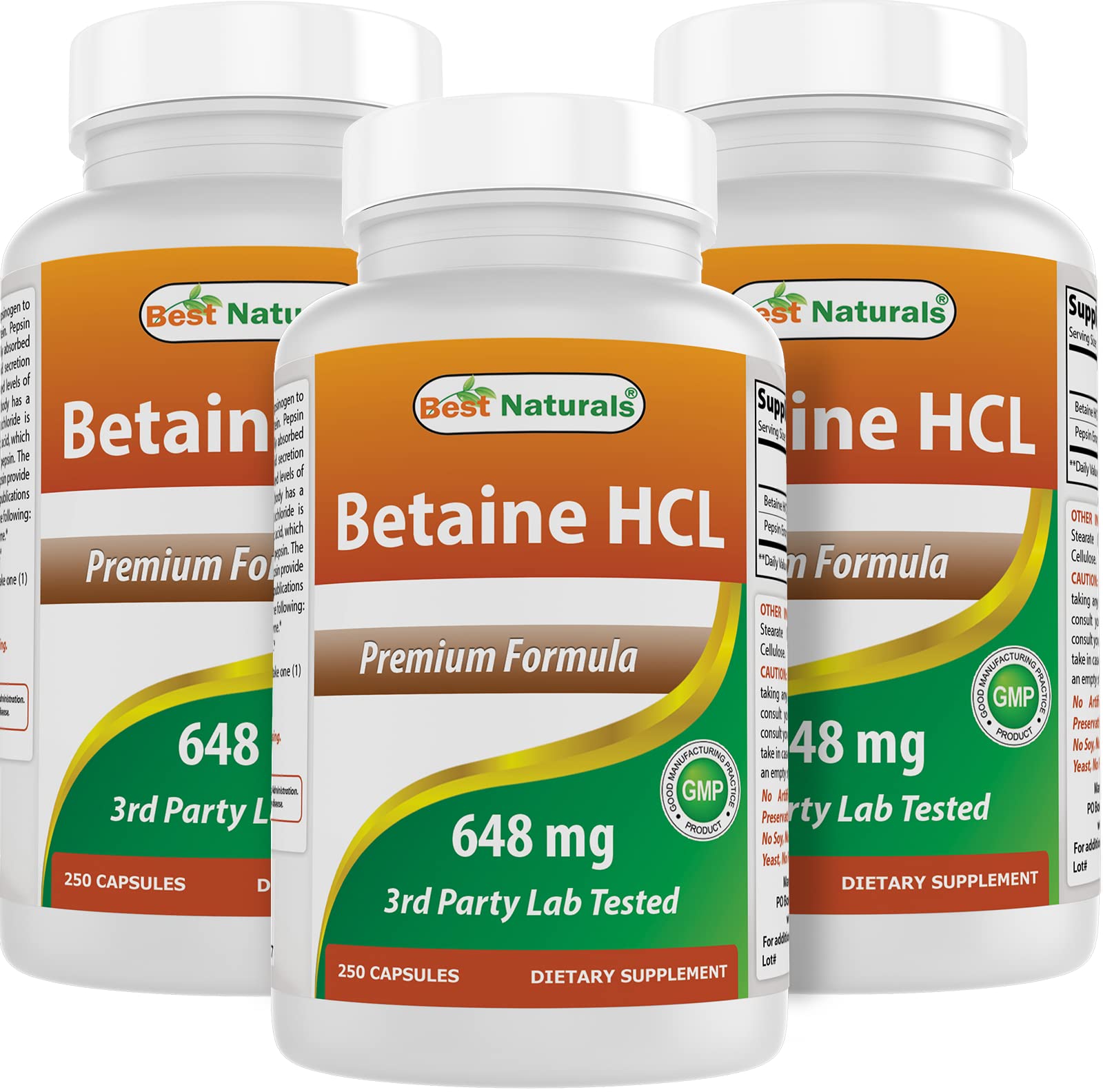 Best Naturals Betaine HCl 648 mg bottle front view shows trusted quality.