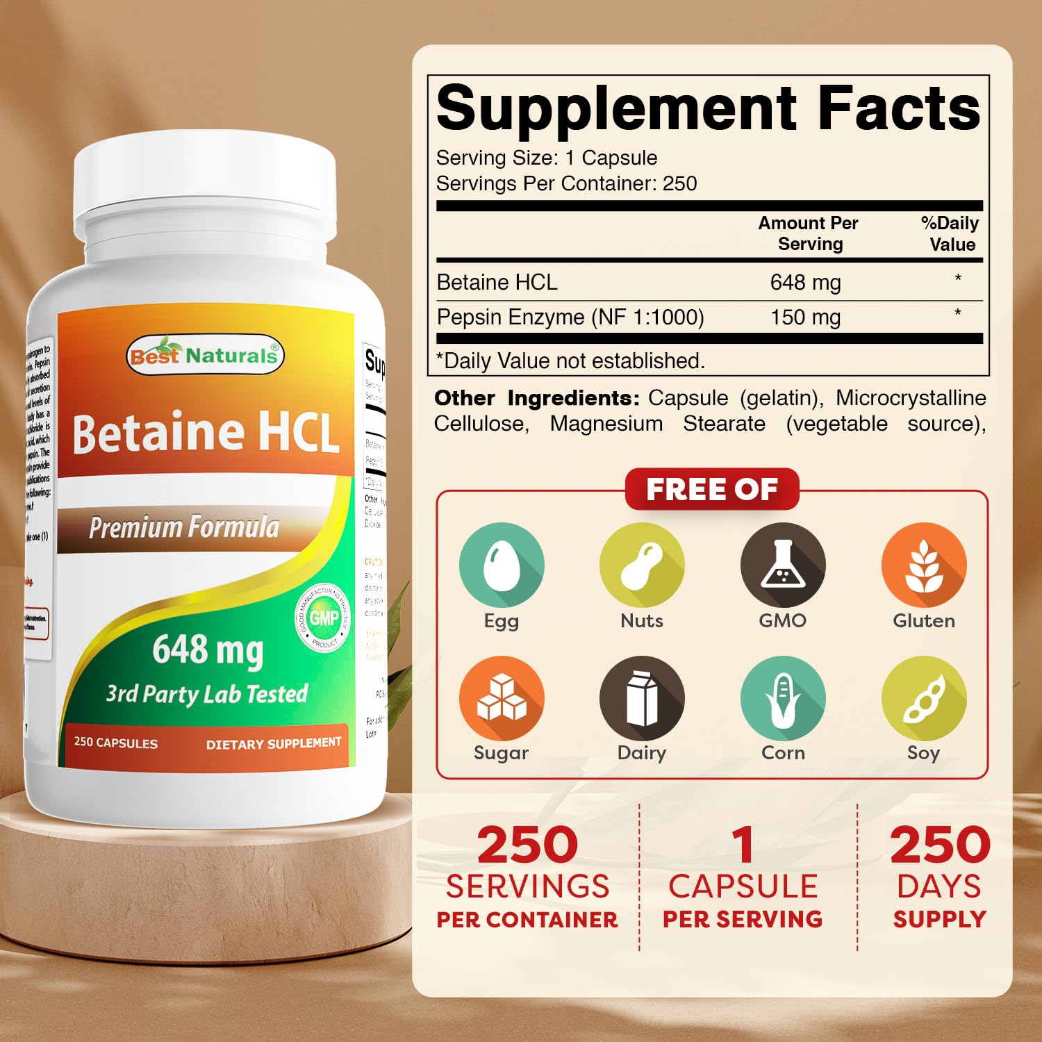 Best Naturals Betaine HCl 648 mg bottle side view highlights gluten-free and non-GMO attributes.