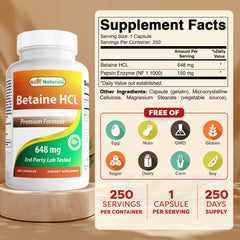 Best Naturals Betaine HCl 648 mg bottle side view highlights gluten-free and non-GMO attributes.