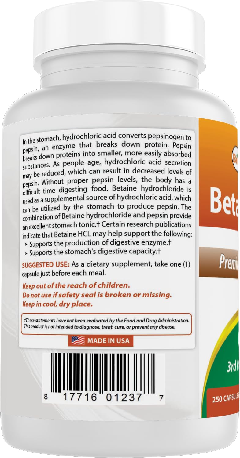 Best Naturals Betaine HCl 648 mg ingredient panel highlights purity standards.