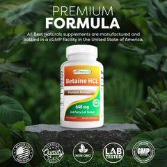 Best Naturals Betaine HCl 648 mg bottle on kitchen shelf for storage and routine use.