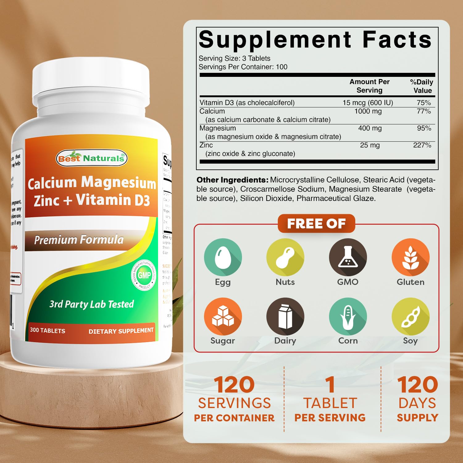 Back view bottle label for Best Naturals Calcium Magnesium Zinc with Vitamin D3 300 tablets pack 2