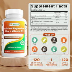 Back view bottle label for Best Naturals Calcium Magnesium Zinc with Vitamin D3 300 tablets pack 2