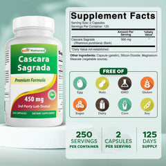Best Naturals Cascara Sagrada bottle side with 450 mg capsules for daily use