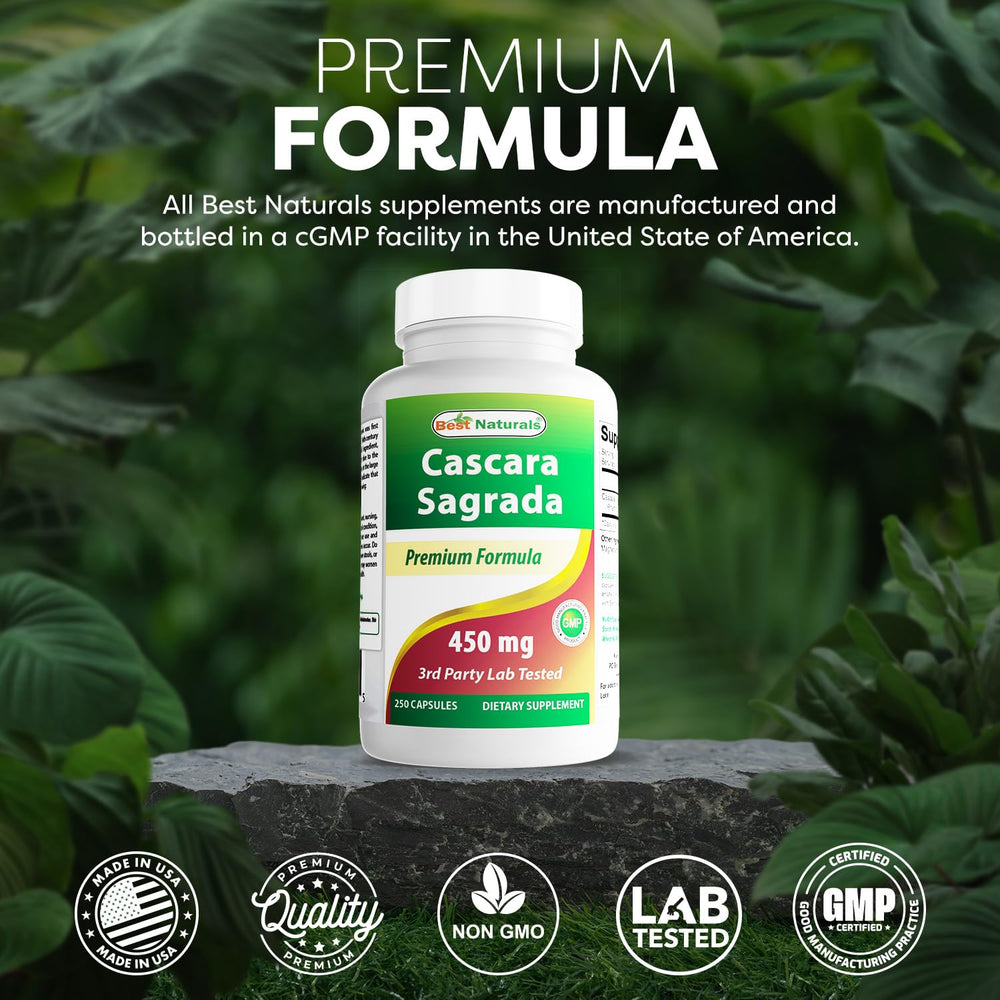 Best Naturals Cascara Sagrada bottle with glass illustrating convenient daily supplementation