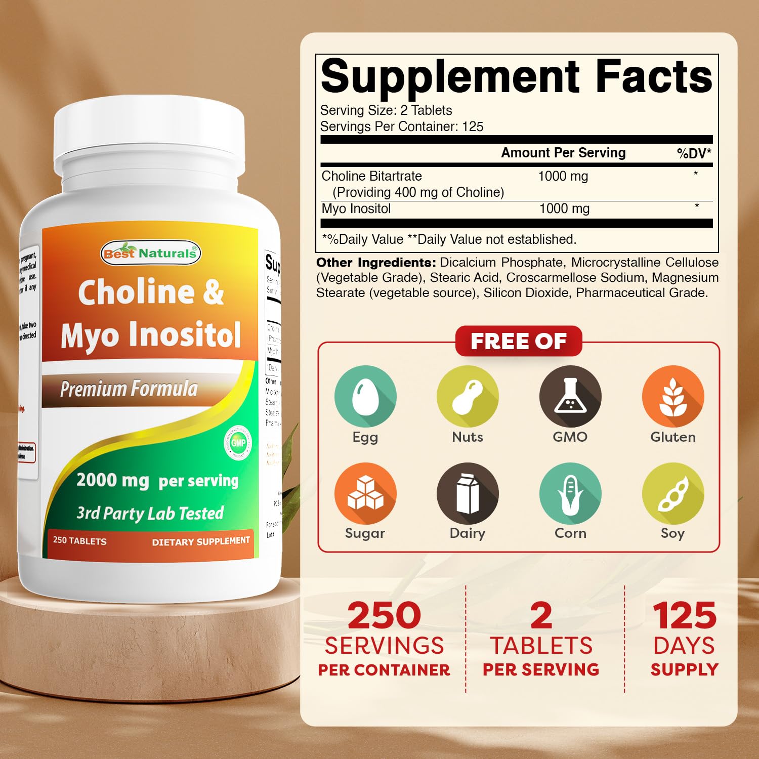 Choline Inositol 2000 mg label highlighting Non-GMO and Gluten Free