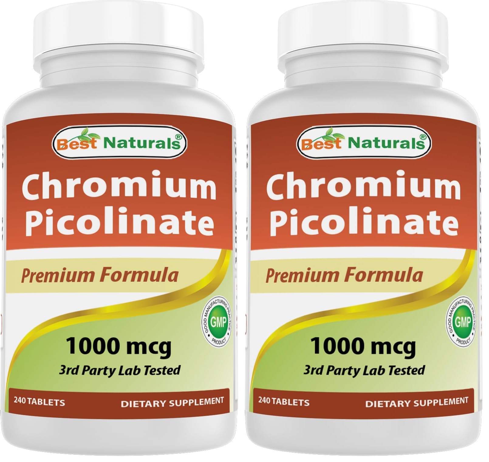 Front view of Best Naturals Chromium Picolinate 1000mcg 240-tablet bottle (pack 2)
