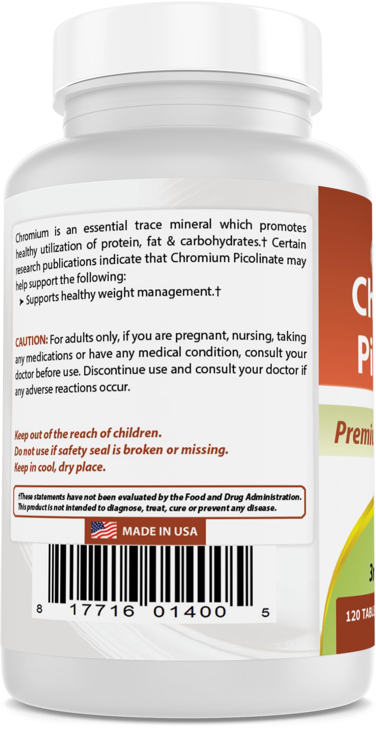 Close-up of certification and label details on Best Naturals chromium picolinate