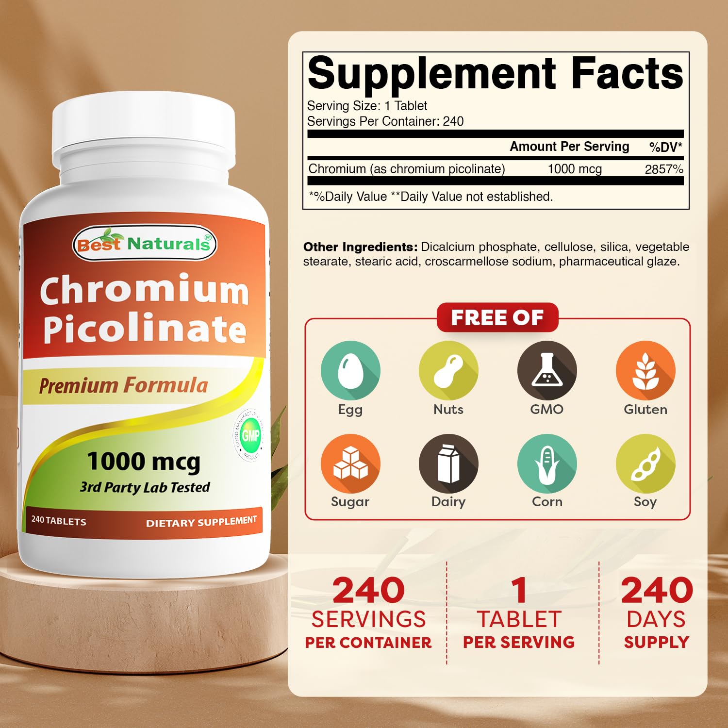 Nutrition facts panel for Best Naturals Chromium Picolinate