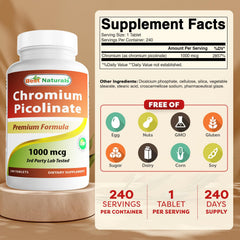 Nutrition facts panel for Best Naturals Chromium Picolinate