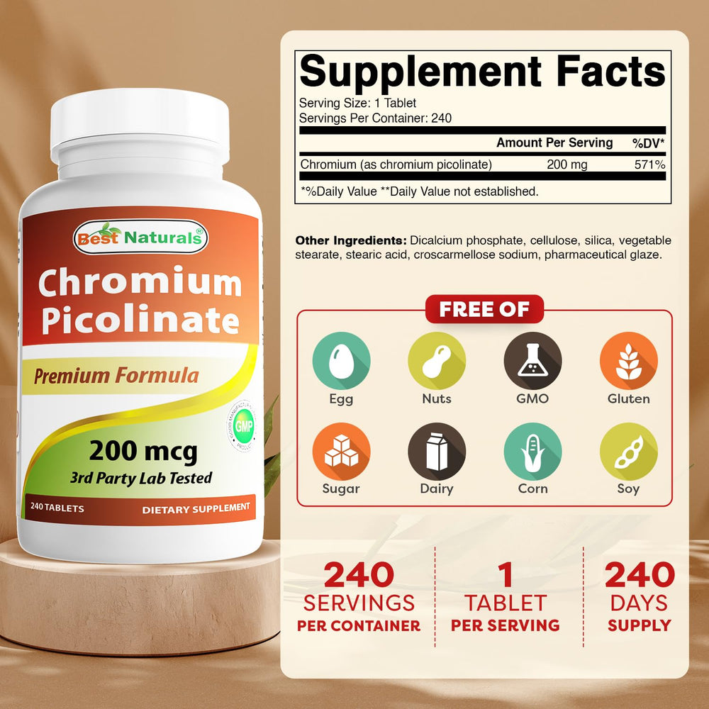 Close-up of chromium picolinate tablet showing 200 mcg dosage