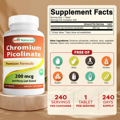 Close-up of chromium picolinate tablet showing 200 mcg dosage