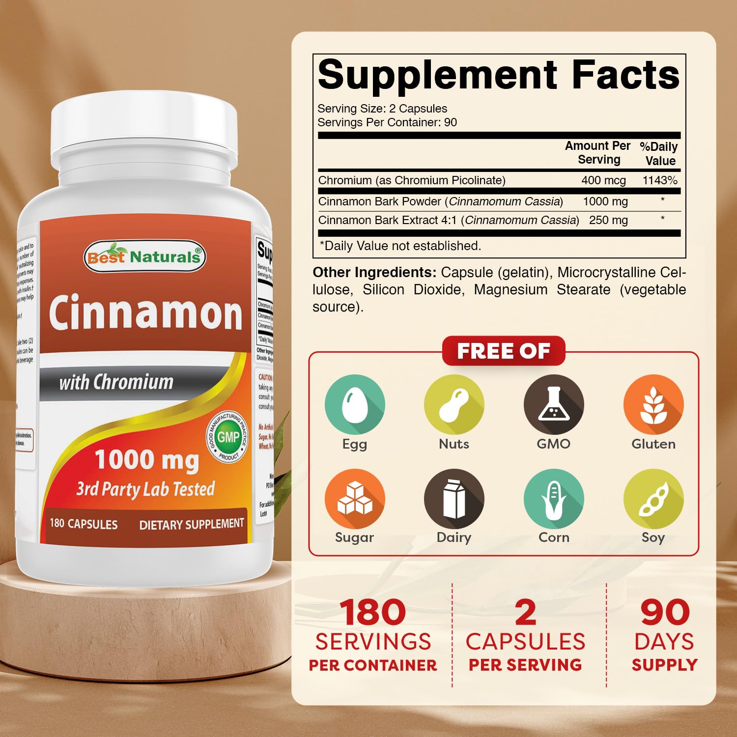 Label showing 2000 mg Cinnamon and 400 mcg Chromium per serving