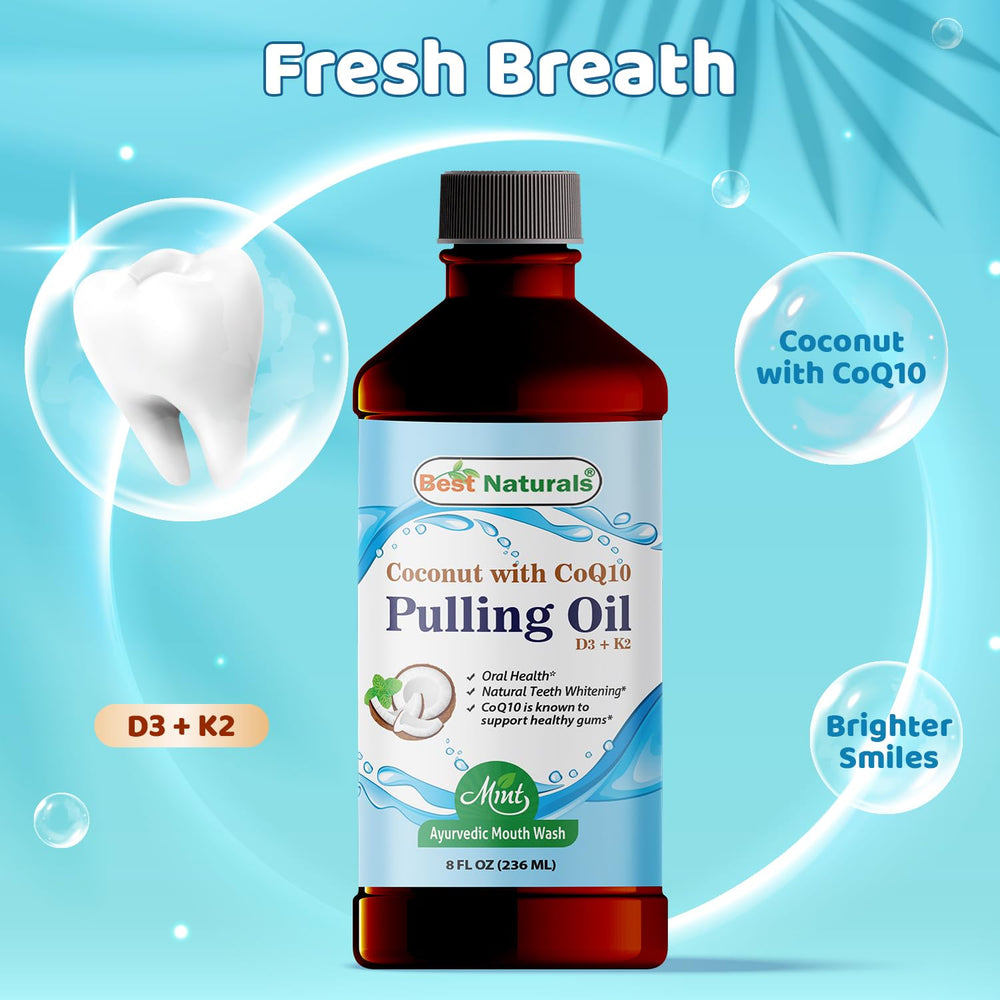 Pouring coconut pulling oil beside fresh peppermint and spearmint leaves