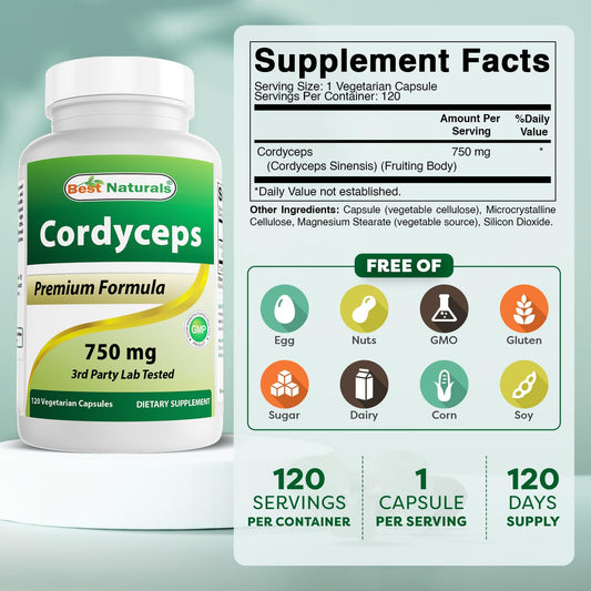 Close-up of Cordyceps Sinensis label showing 750 mg per capsule