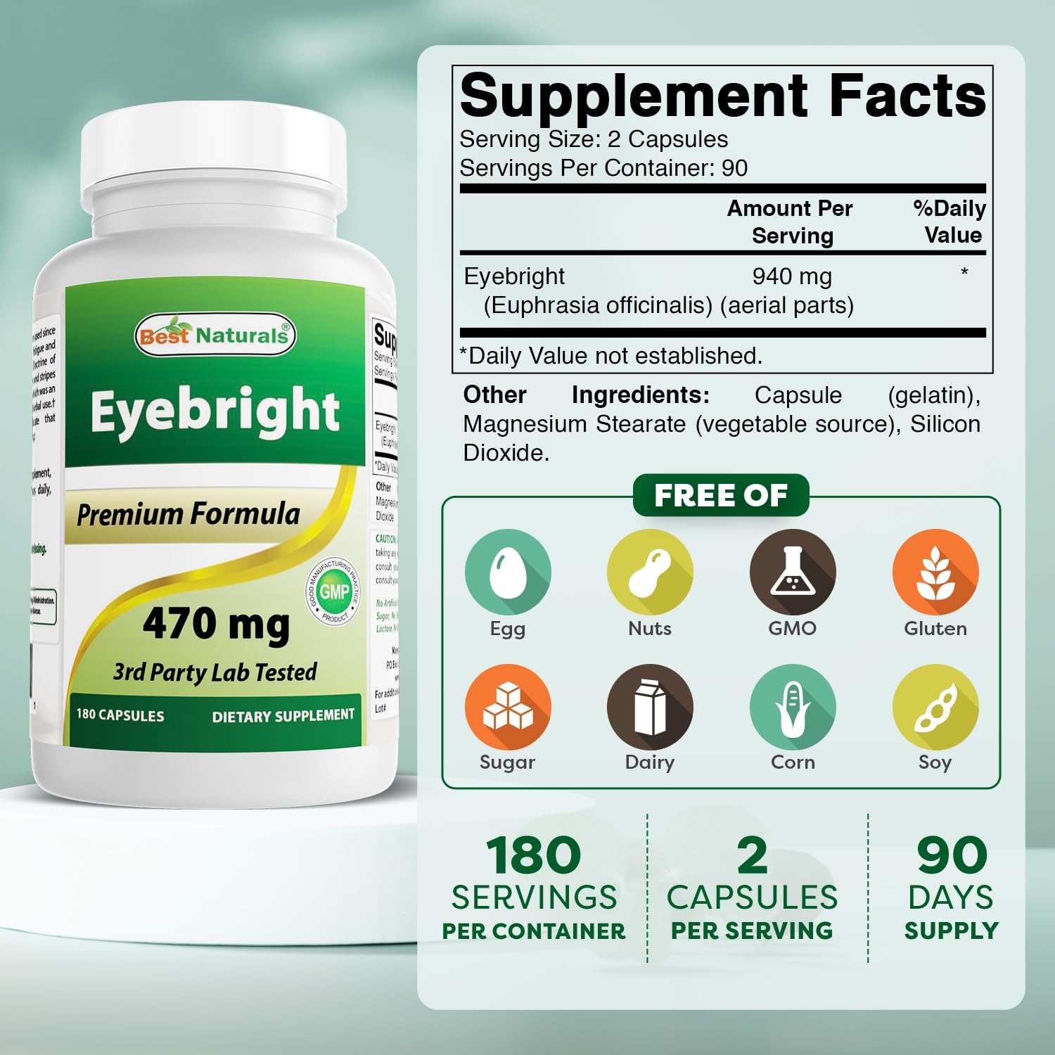 Side view of Best Naturals Eyebright 470 mg bottle
